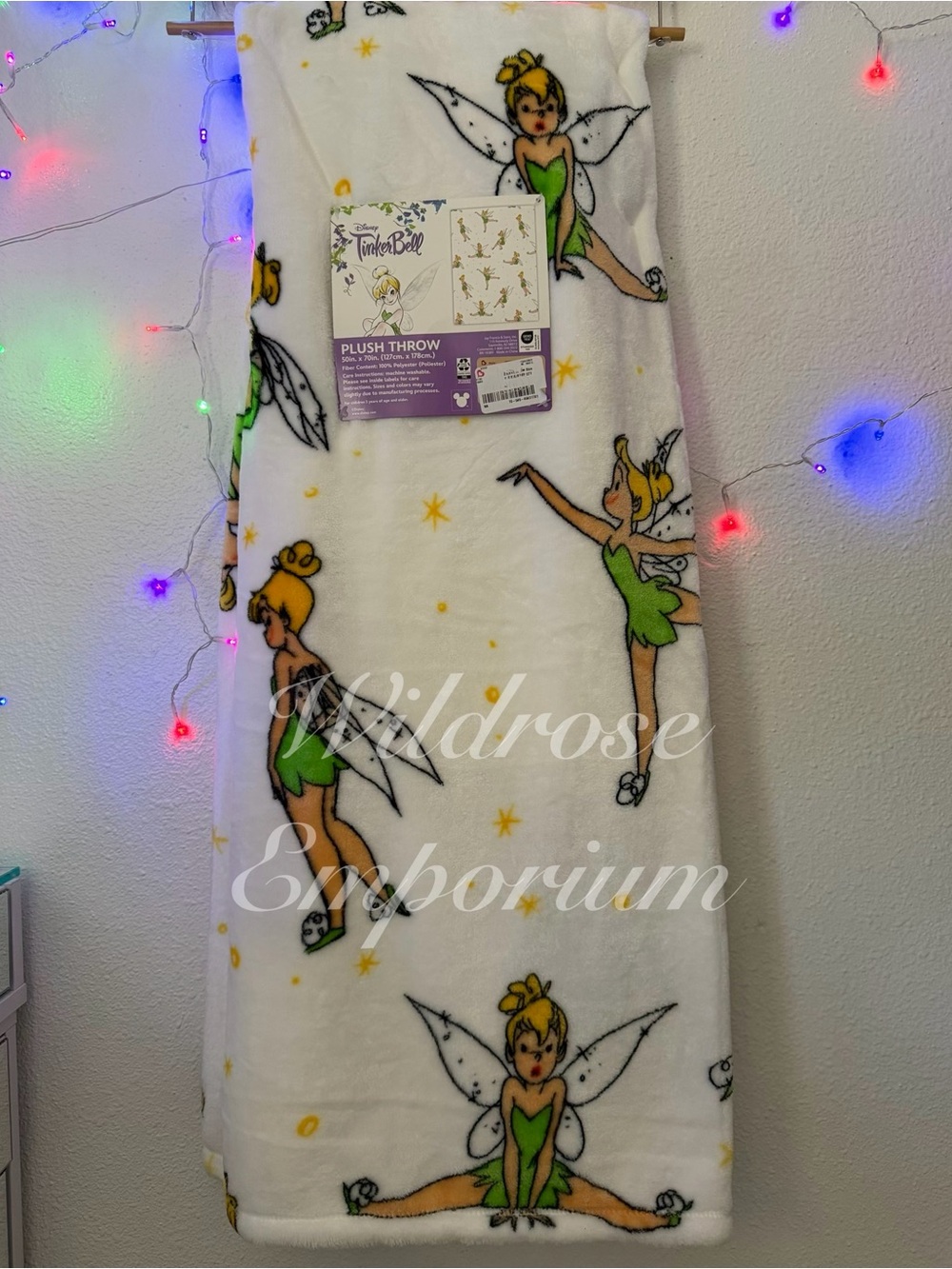Disney Tinker Bell Plush Throw Blanket Fairy Soft Cozy White Green Throw